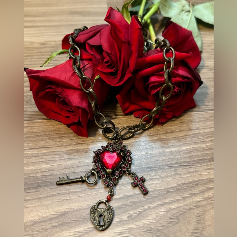 Necklace Swarovski Crystals Red Heart Cross Lock Key Brassy Gold with Extender